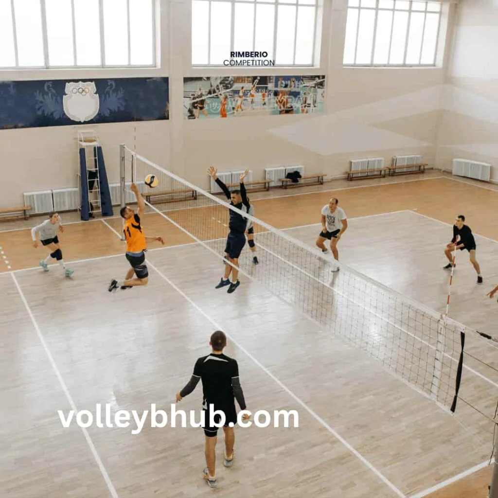 "Volleyball players in a match inside a gym, featuring a watermark 'volleyhub.com'."